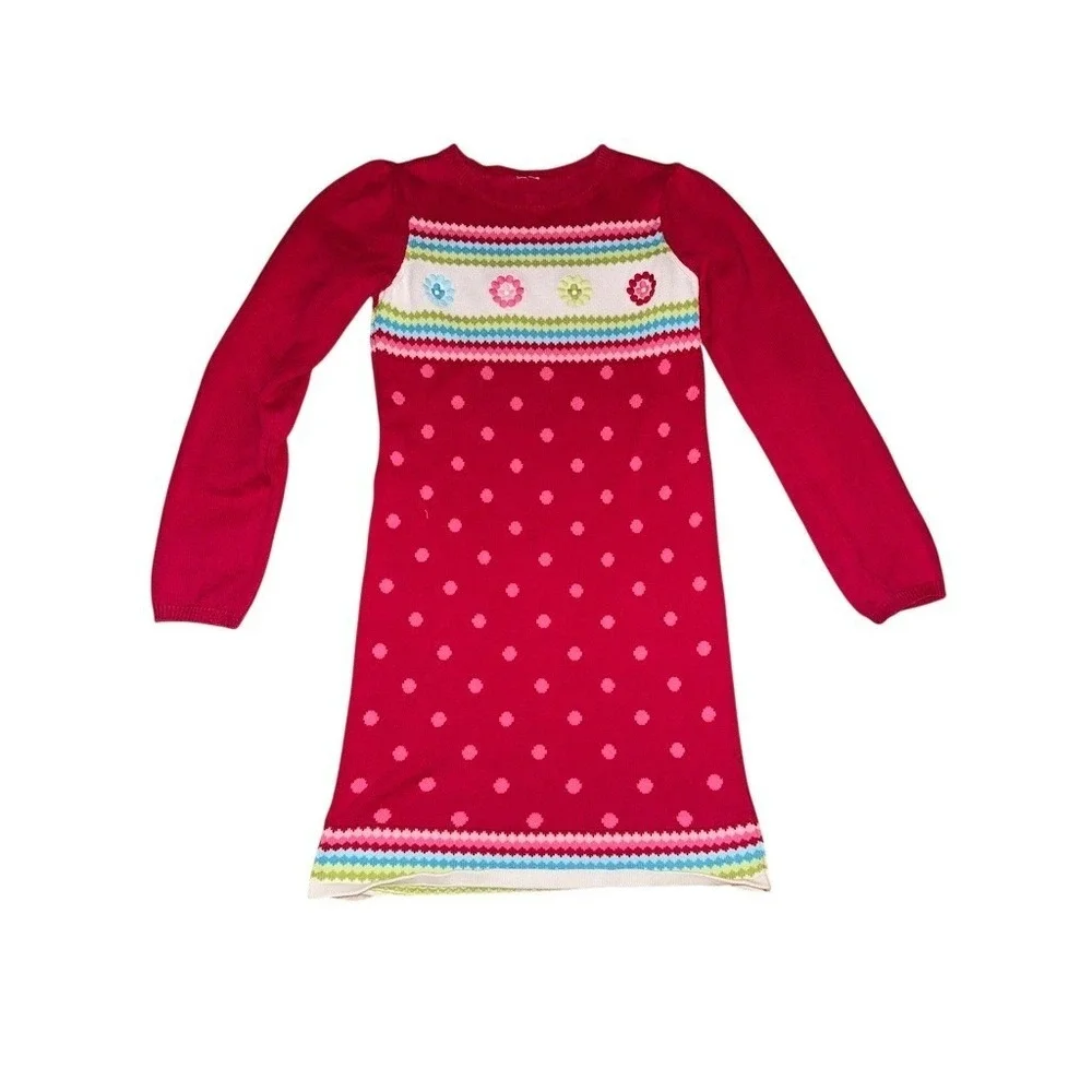 Gymboree Sweater Dress Girls M Red Polka‎ Dot Floral Applique L/S grandmacore